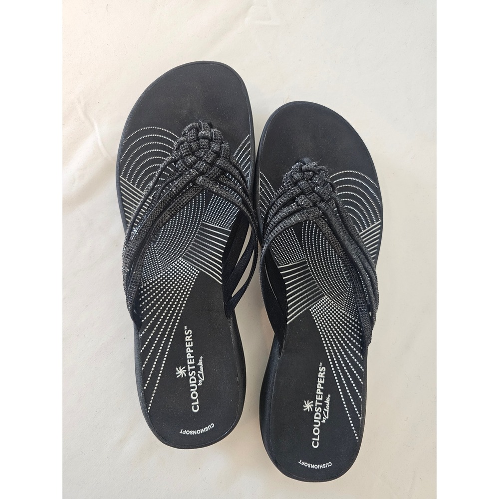 Comfortable Clarks Cloudsteppers Arla Glitz Sandals Womens 9 Black Sparkle Thong